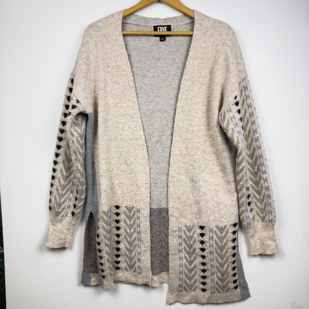 Frye Womens Fall Neutral Soft Open Front Chevron Knit Cardigan Sweater Large